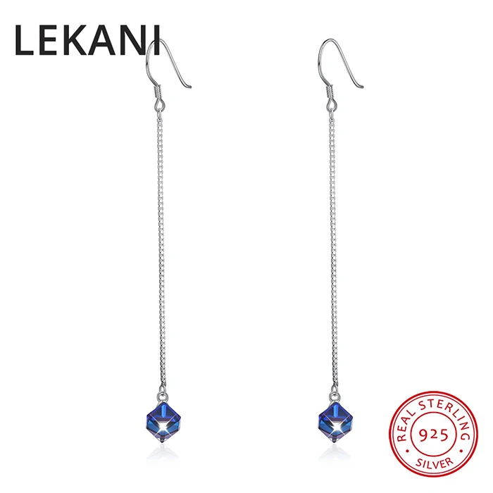 LEKANI кристаллами от SWAROVSKI длинной цепи Cube Бусы Серьги S925 стерлингового серебра пирсинг Для женщин Fine Jewelry - Цвет камня: Прозрачный