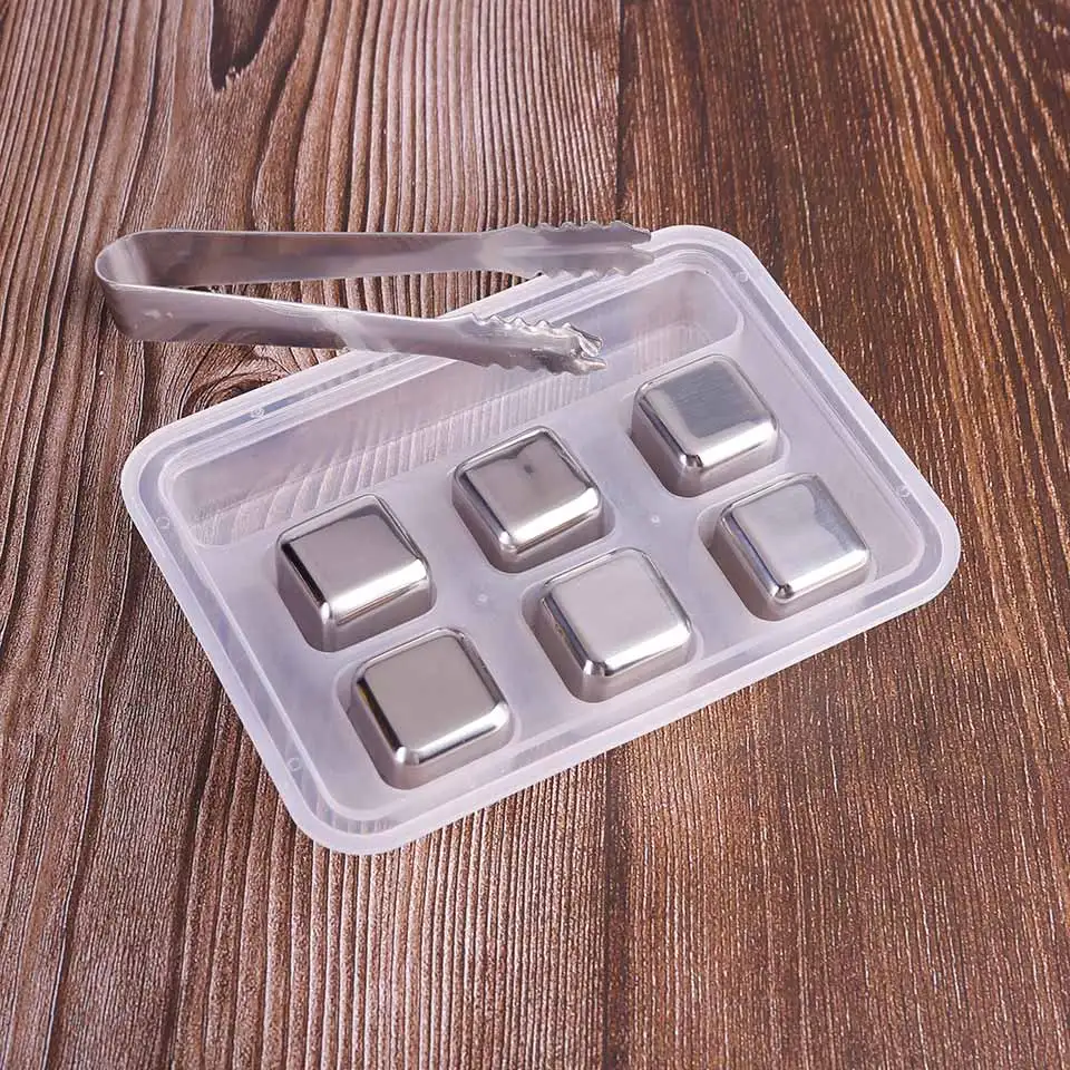 6pcs with tongs box Виски камни пивной охладитель сохранить вкус вина не разбавленные охлаждающие кубики многоразовая нержавеющая сталь кубики льда охладитель для вина - Цвет: 6pcs with tongs box