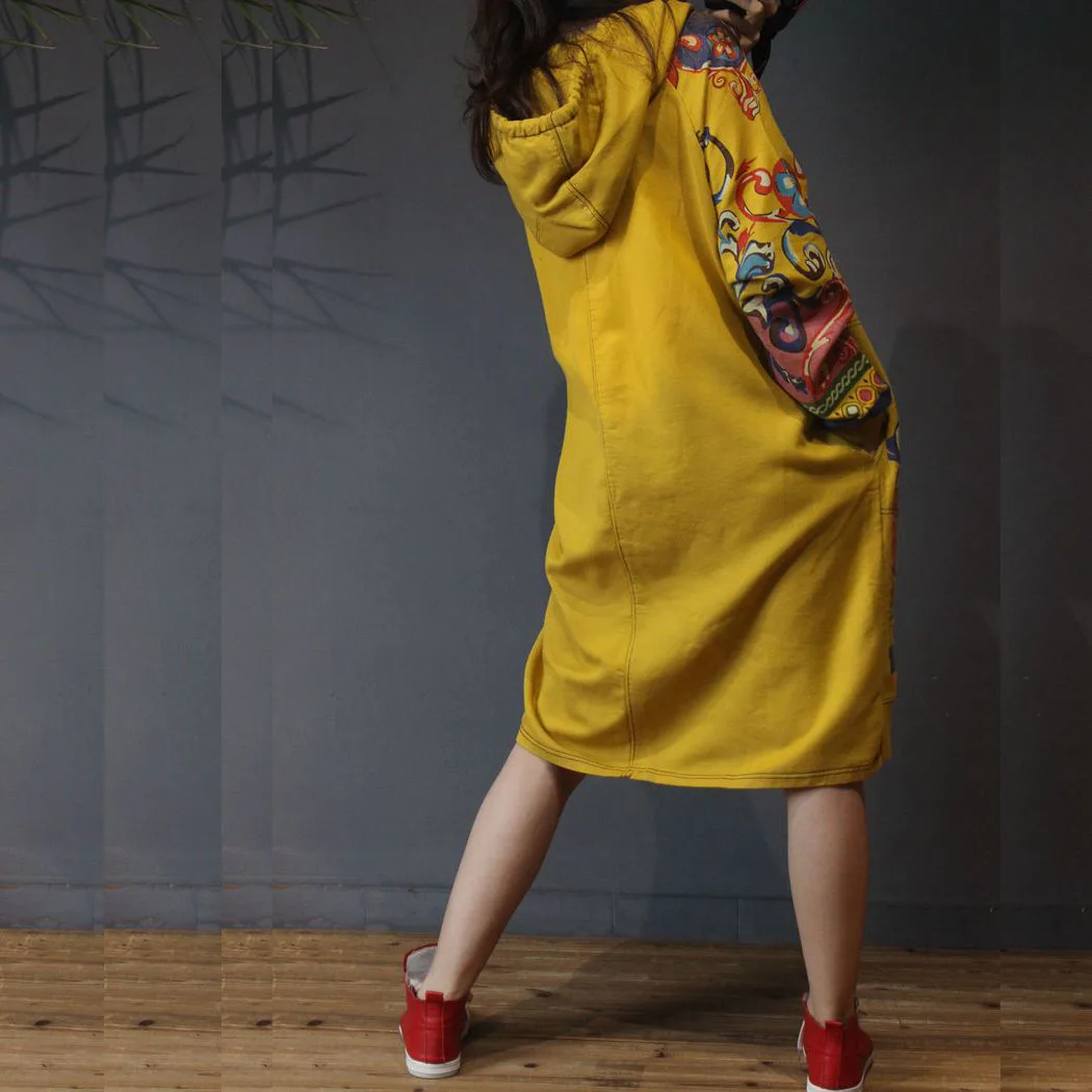 Женское осеннее платье с капюшоном повседневное свободное в стиле ретро