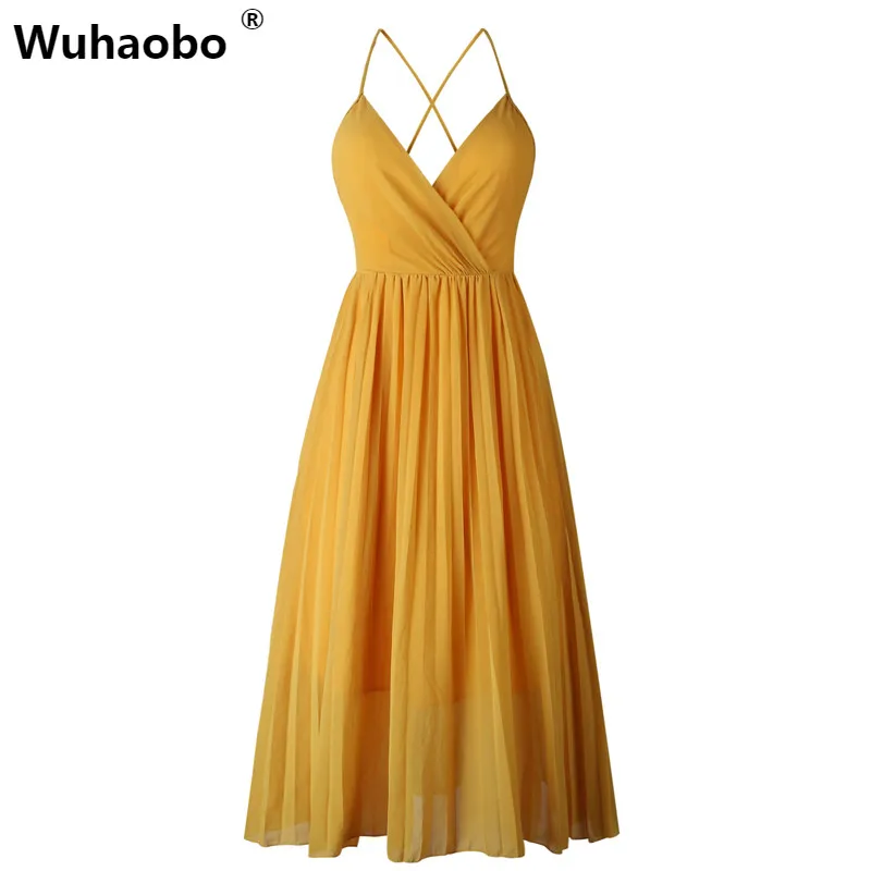 Yellow Wuhaobo сексуальное длинное платье-туника женское Бохо сарафан Спагетти ремень v-образный вырез пляжная одежда женские летние платья с открытой спиной белый желтый - Цвет: Yellow