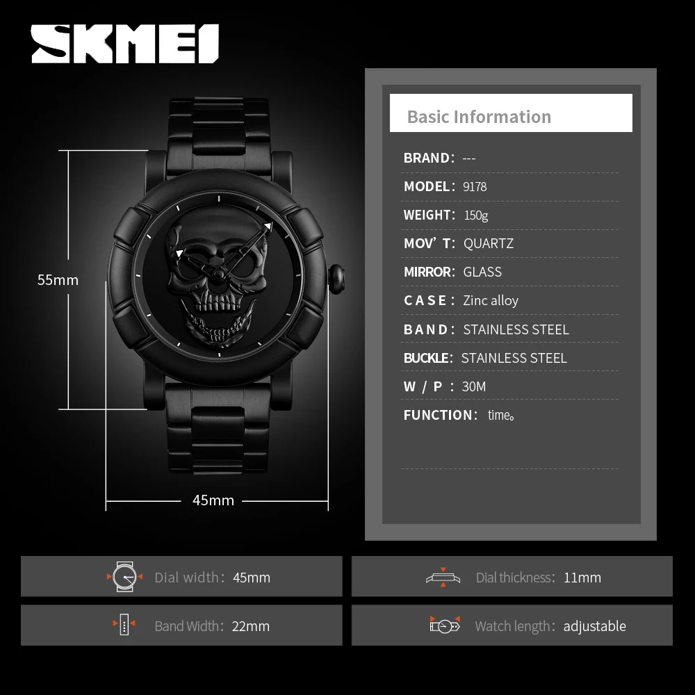 SKMEI Fashion Skull Quartz Watch Men  Creative Watch Mens Clock Gold Watch Waterproof Watch Relogio Masculino 9178