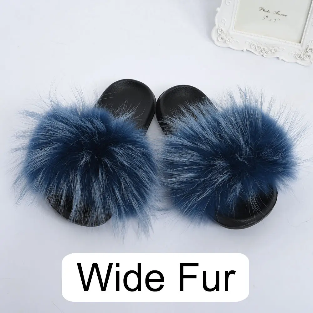 Raccoon White Blue CCFUR/женские тапочки с мехом енота; женские модные пушистые Шлепанцы из натурального меха; женские Ползунки из натурального меха; S6046 - Цвет: Raccoon White Blue