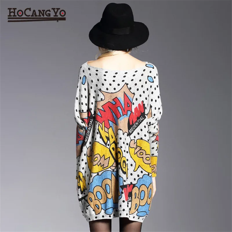 HCYO Oversized Fashion Women Long Sweaters Shirt Slash Neck Batwing Sleeve Print Pullovers Clothing Female Loose Casual Sweater | Женская
