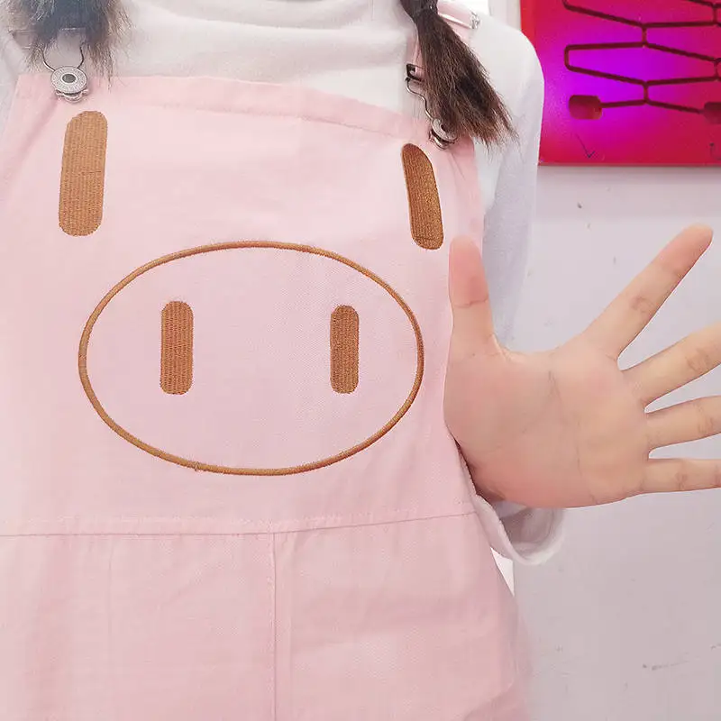 Розовый Японские милые животные розовые женский комбинезон Kawaii оборки для девочек комбинезоны милые свиньи брюки с вышивкой повседневные брюки - Цвет: Розовый