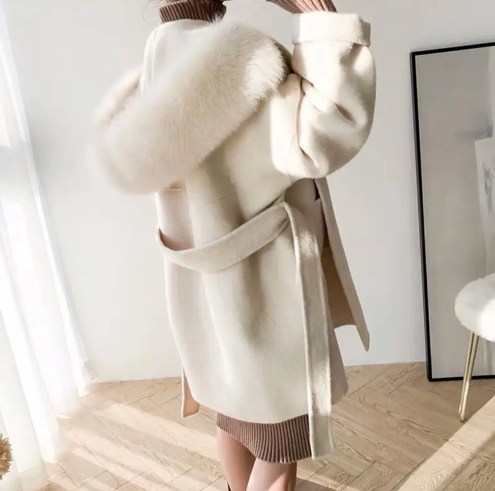 Beige Женское зимнее кашемировое пальто с воротником из натурального Лисьего меха, шерстяная куртка с поясом, Женская мода, Кашемировое шерстяное пальто-жакет для женщин - Цвет: Beige