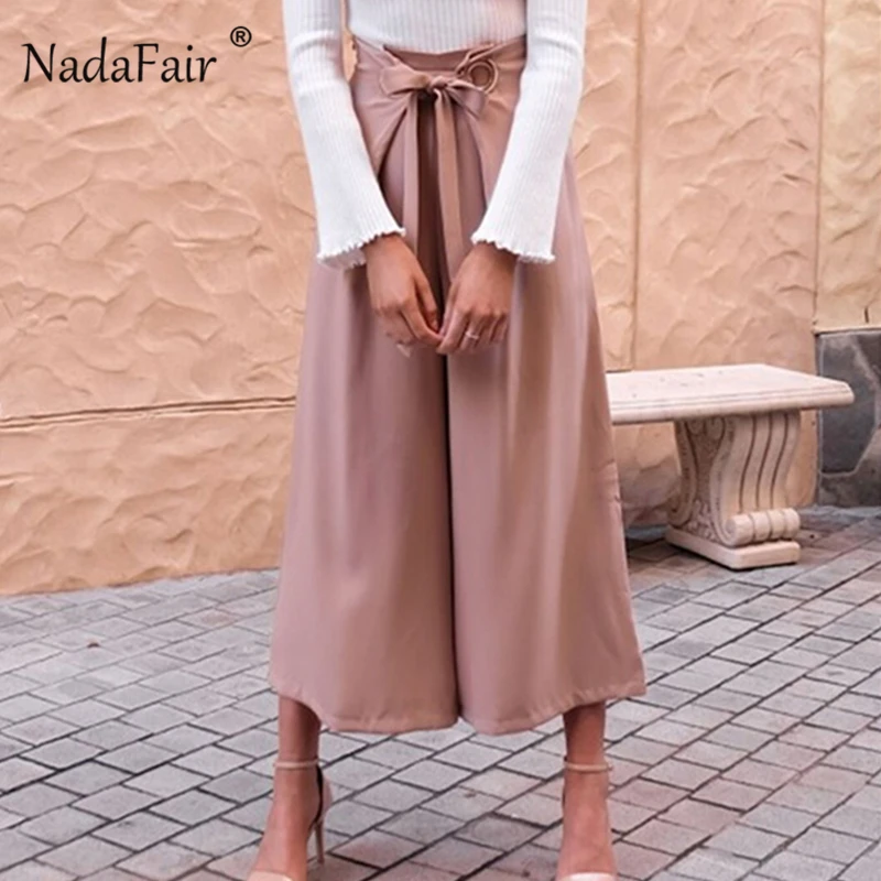 Nadafair/женские широкие брюки с высокой талией черные прямые на шнурках элегантные