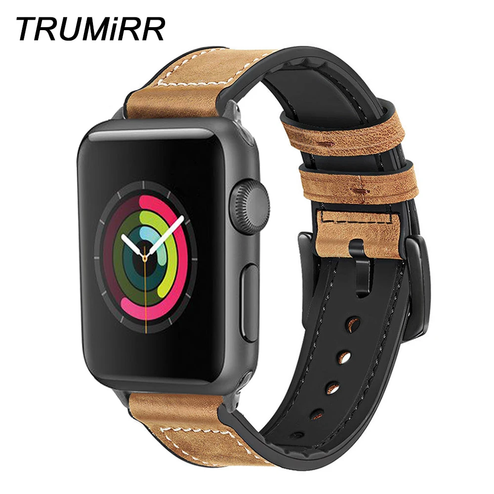 

TRUMiRR Genuine Leather & Silicone Rubber Watchband for iWatch Apple Watch 38mm 40mm 42mm 44mm Series 1 2 3 4 Band Wrist Strap