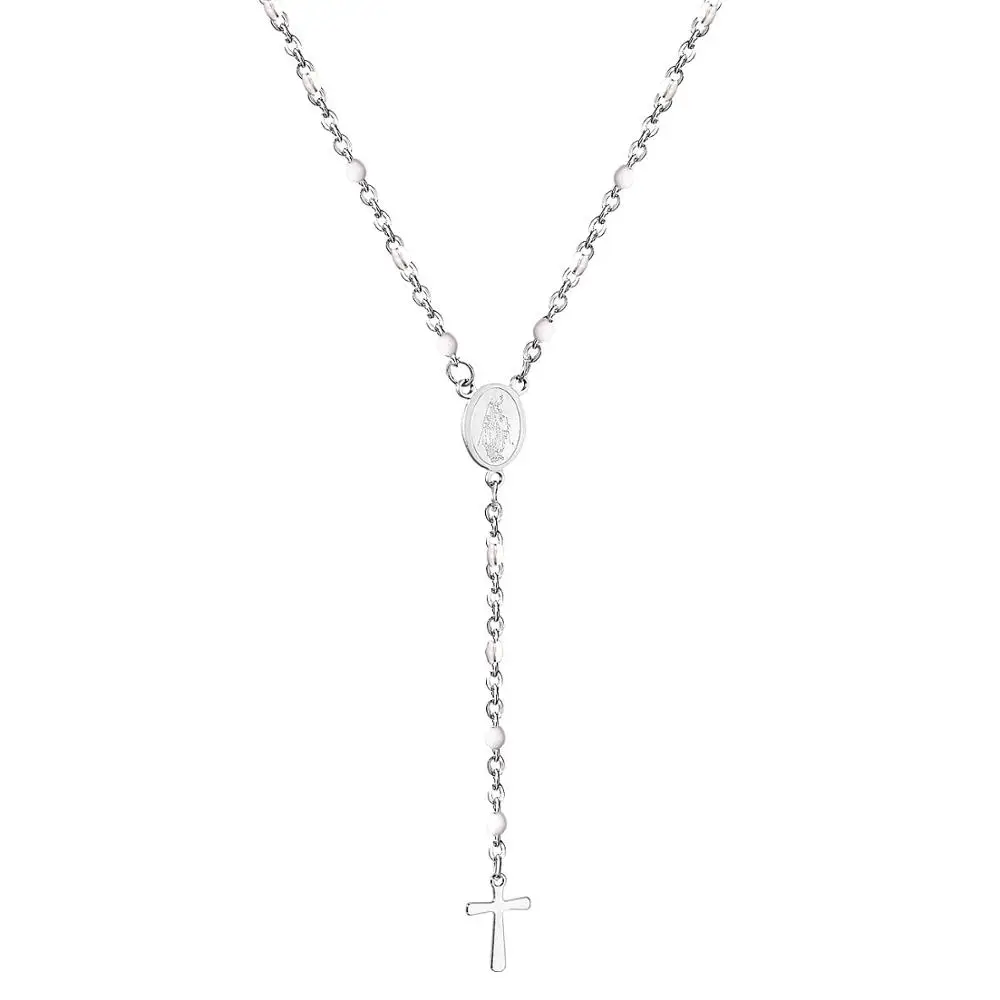 LUXUSTEEL Длина 40 см+ 6 см колье Цепочки и ожерелья, Религиозные ювелирные украшения, белый/черный/голубой цвет четки крест кулон Цепочки и ожерелья для женщин - Окраска металла: silver white