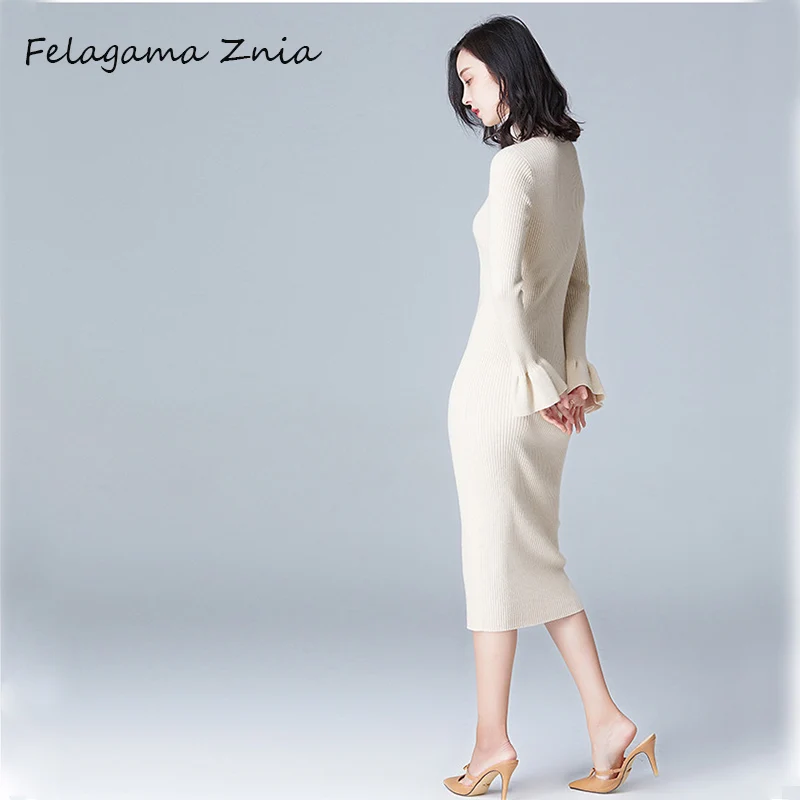 Felagama Znia elegant flare sleeve sweater dress pullover women turtleneck solid female 2018 autumn winter party | Женская одежда