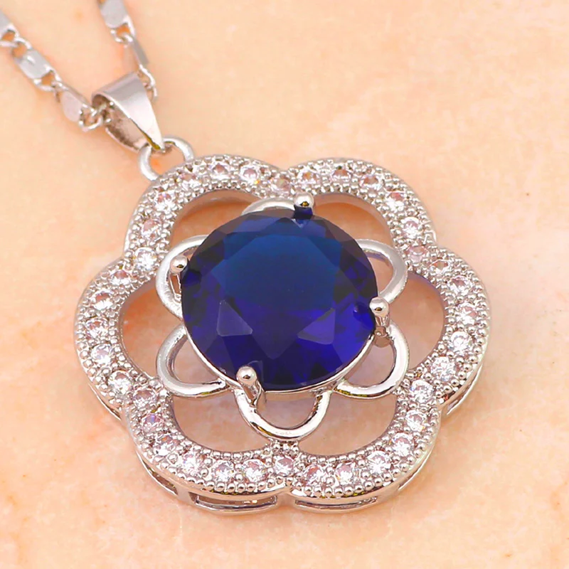 Top quality Blue flower Zircon Silver Fashion jewelry AAA zircon Jewelry Sets Earrings Necklace rings sz #7 #8 #9 JS554 | Украшения и