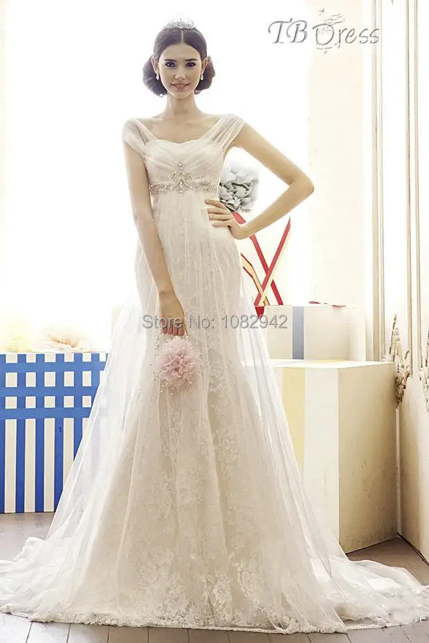 2015 New Hot White/Ivory Gorgeous Capped Mermaid Beads Court Train Lace Wedding Dress | Свадьбы и торжества