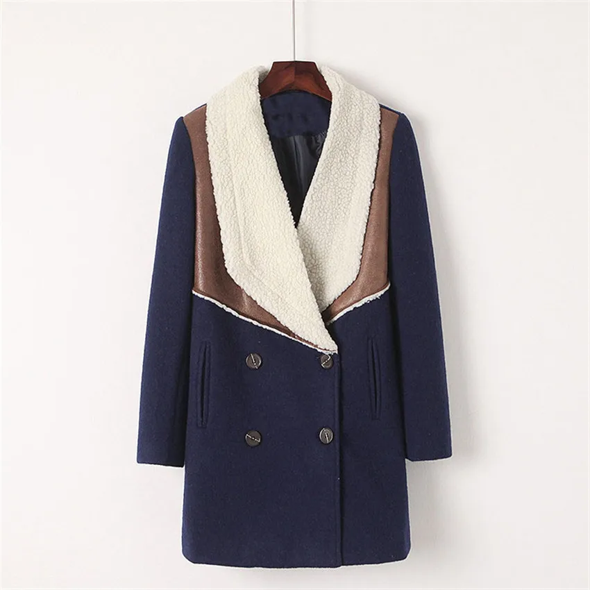 2017 осенне-зимнее модное шерстяное пальто с большим отворотом Женская двубортная