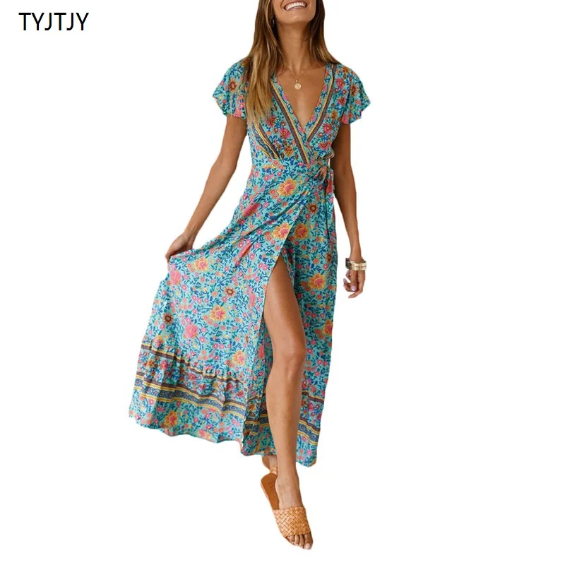 Женское платье с поясом Пляжное длинное коротким рукавом и цветочным