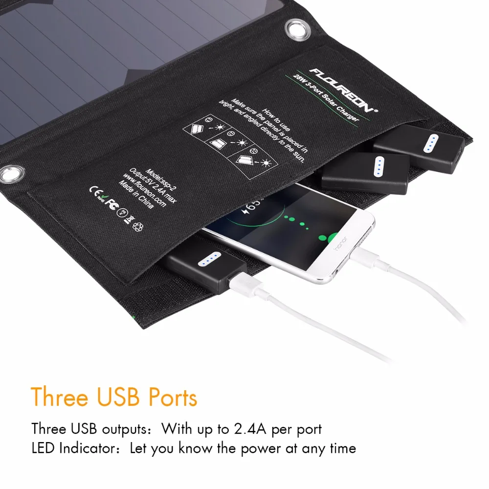 FLOUREON солнечное зарядное устройство 28 Вт солнечная панель с тройными usb-портами водонепроницаемый складной для смартфонов планшетов и кемпинга путешествий