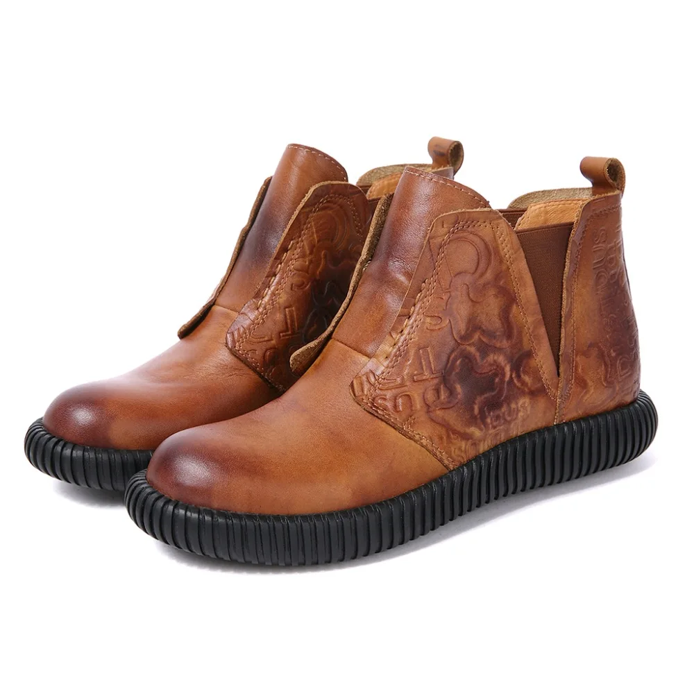 

Spring Retro Ethnic Ankle Boots Chelsea Fretwork Genuine Leather Black Round Toe Solid Women Shoes sexy Matin fashion Size 39 38