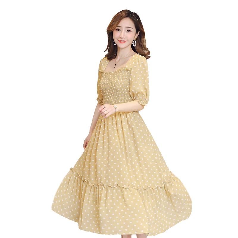 Шифоновое платье для беременных милое миди в горошек с короткими рукавами и