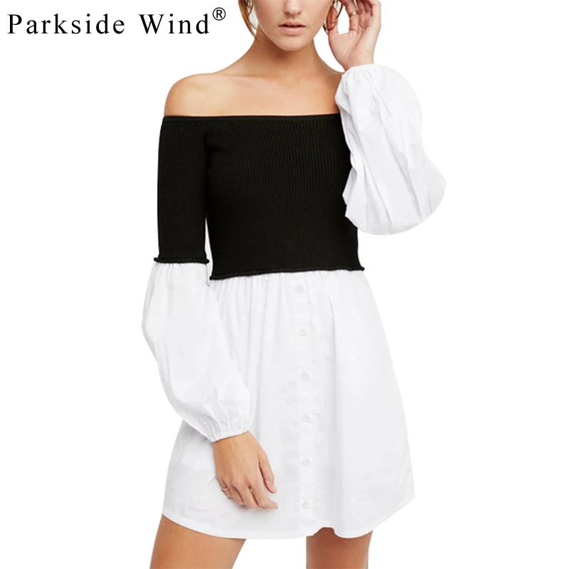Парксайд ветер новый осень черный белый цвет patchwrork мини платье дамы в рубчик