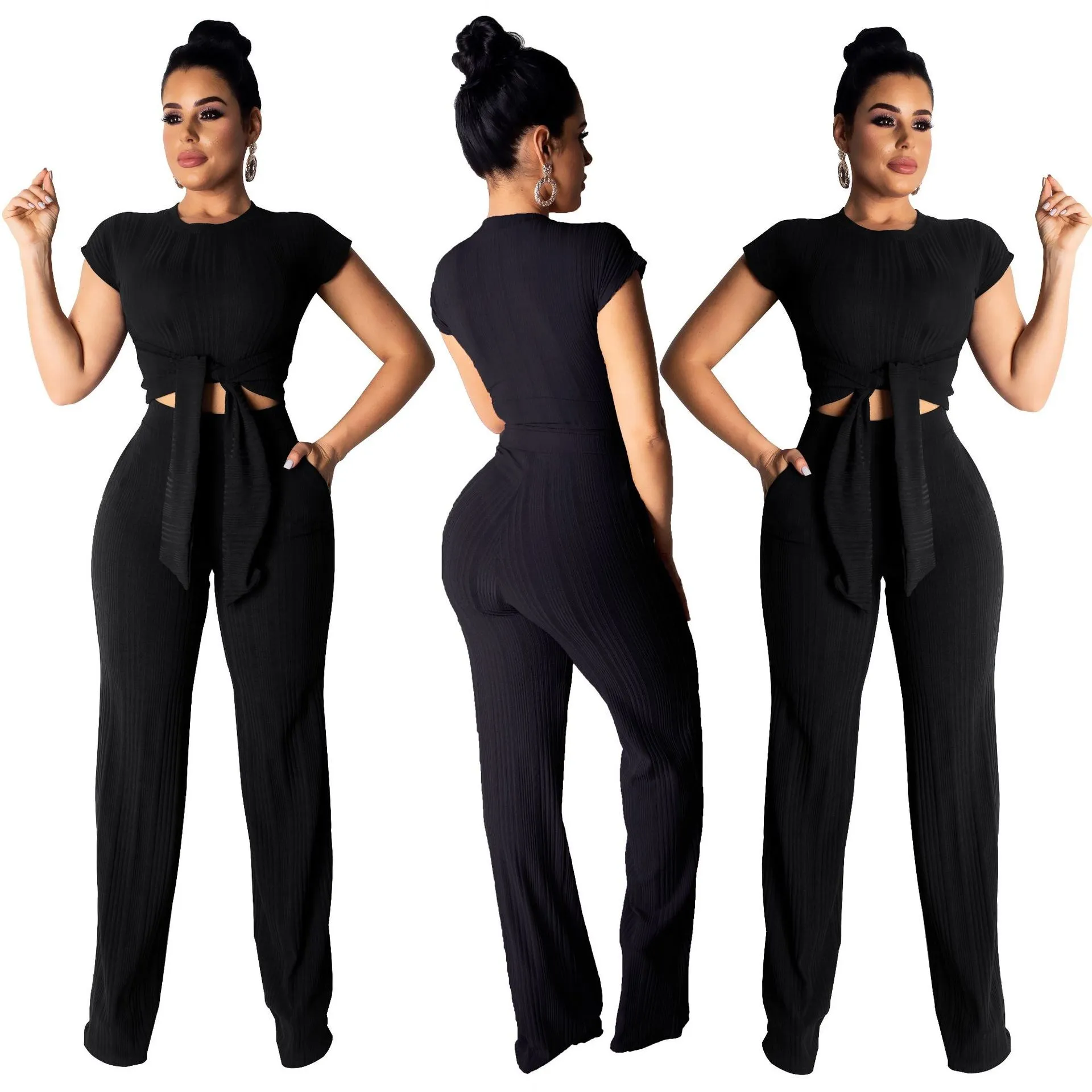 Повседневные однотонные штаны с короткими рукавами и карманами комплекты из