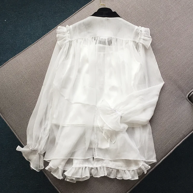 Runway брендовая элегантная белая шифоновая блузка с длинными рукавами и оборками