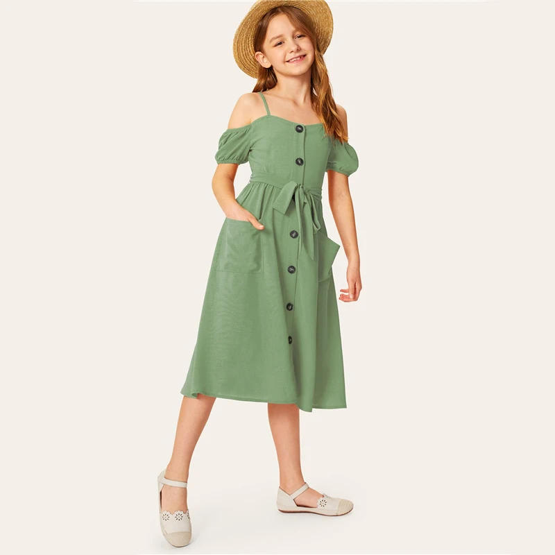 SHEIN/детское однотонное платье для девочек с открытыми плечами и одной пуговицей спереди, с поясом, платье в стиле бохо,, летние платья миди с короткими рукавами для отдыха