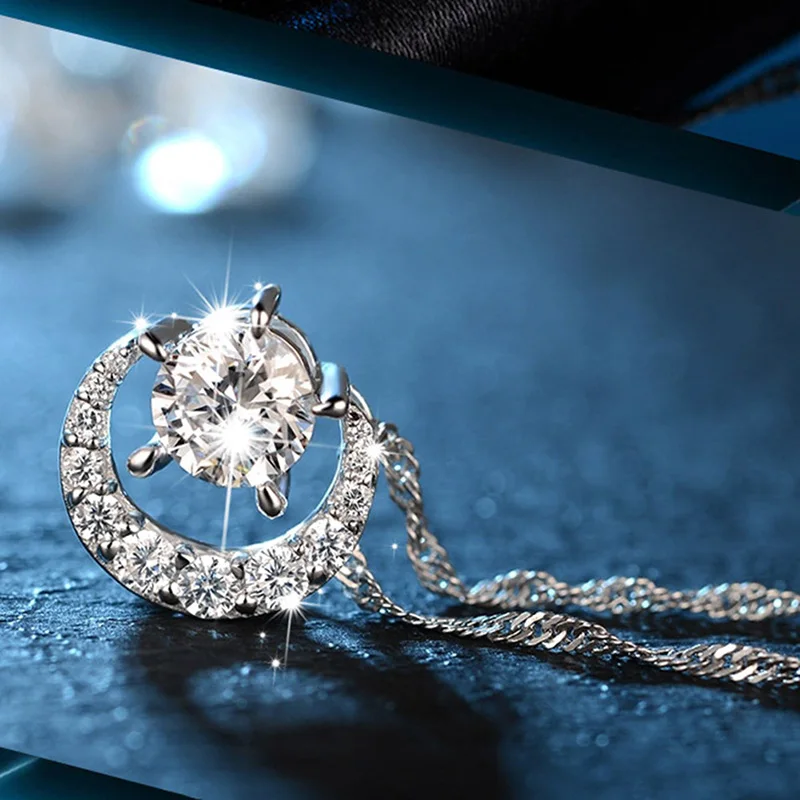 Fashion Simple Cresent Star &amp Moon Necklace Rhinestone Shiny Crystal Half Pendant For Women CZ Choker Jewelry | Украшения и