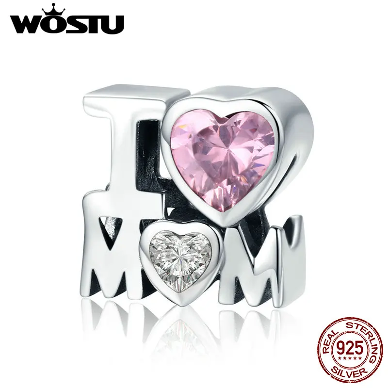 WOSTU, лидер продаж, 925 пробы, серебро, I LOVE MOM, розовый CZ бисер, подходит для оригинального браслета, ожерелья, ювелирные изделия, подарок на день матери, FIC579