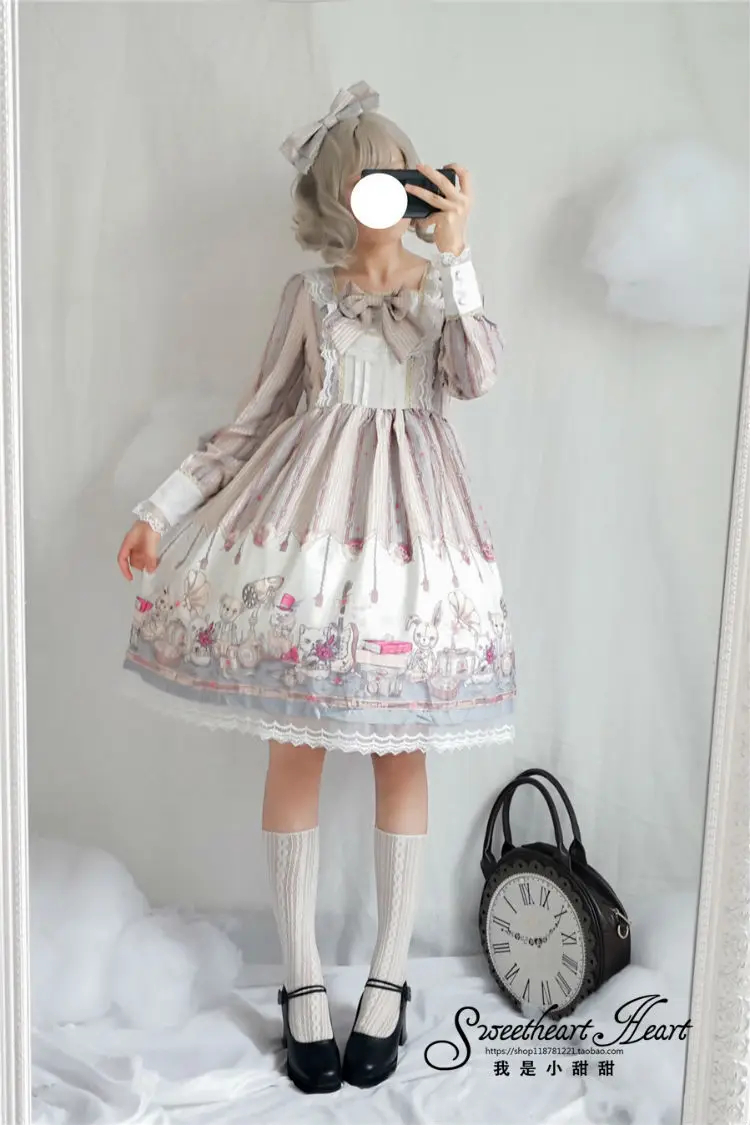 Японский платье лолиты, в готическом стиле, милые Kawaii для девочек длинный рукав бант с милым рисунком в виде медведя из мультфильма платье в стиле "Лолита" Высокая Талия