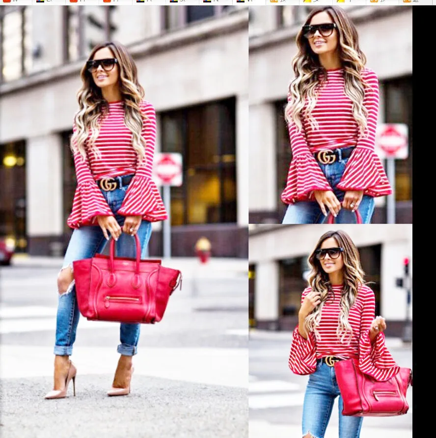 

S-2XL women o neck long flare sleeve tops t shirt street style striped t shirt tops autumn spring casual leisure brand t shirt