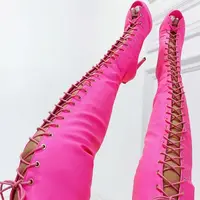 hot selling rose red suede over the knee high heel boots Summer sexy open toe lace-up thigh high boot gladiator sandal boo