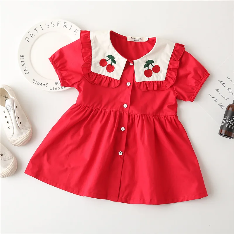 New 2019 Summer Girl Dresses Cotton Red Short Sleeve Cherry Embroidery Party Princess Dress Toddler Clothes Lovely Kids | Детская одежда