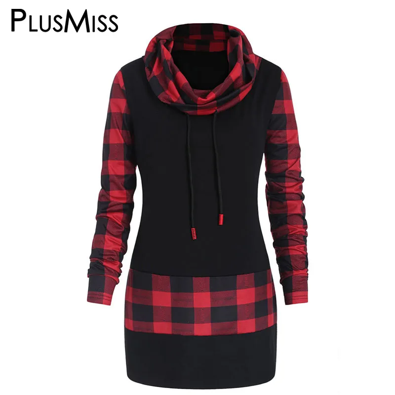 PlusMiss размера плюс 5XL плед кучи воротник толстовки с капюшоном и свитшоты более