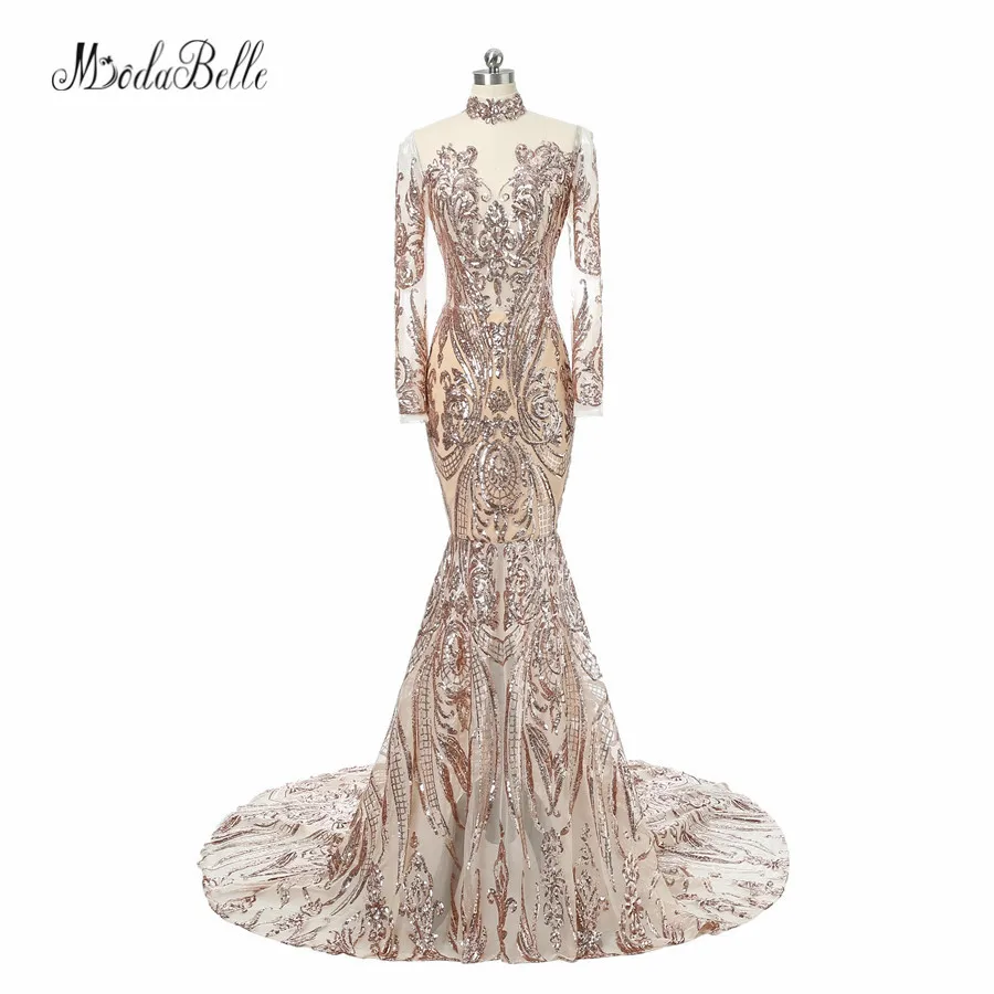 

Modabelle Fashion Bling Gold Sequins Long Sleeve Evening Dresses Mermaid High Neck Luxury Arabic Evening Gowns Dresses Formal