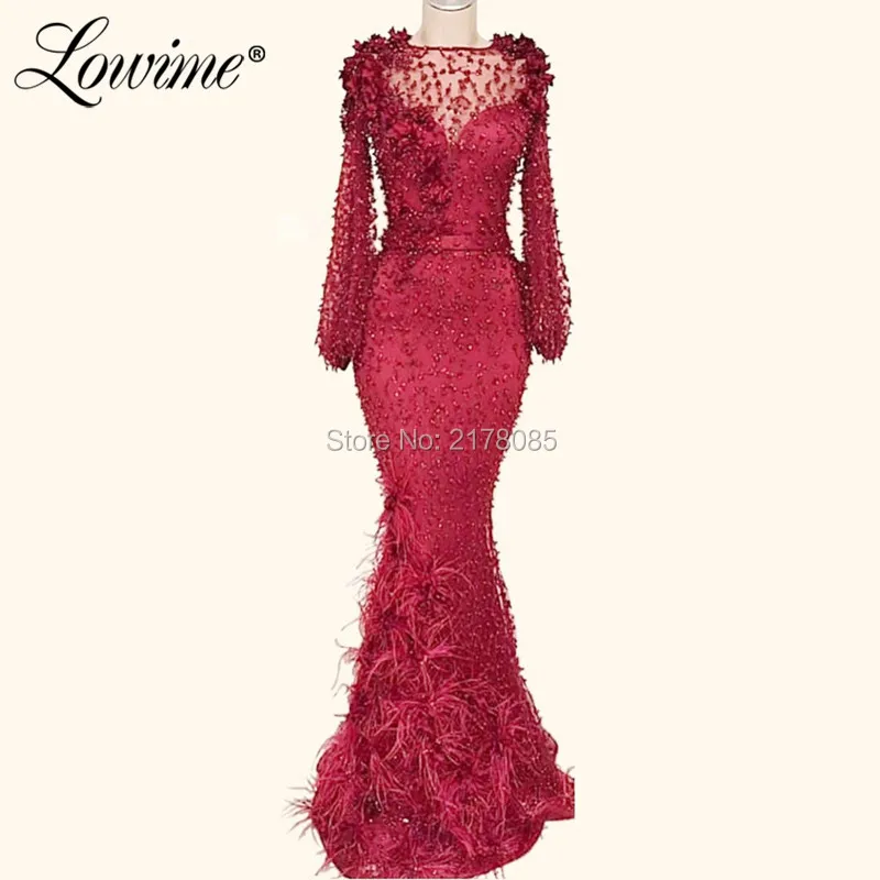 

Feather Beading Formal Gowns Evening Dress Mermaid Long Sleeves Arabic Muslim Middle East Women Party Dress 2019 Long Prom Dress