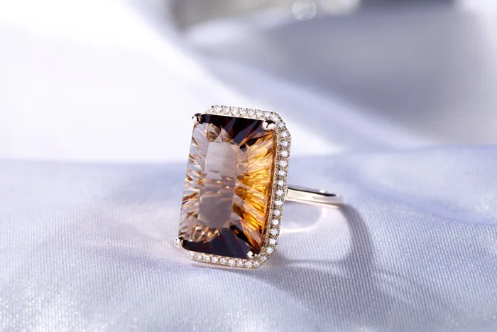 14K желтое золото 17.8CT изумрудная огранка дымчатый топаз Обручальное кольцо с бриллиантом