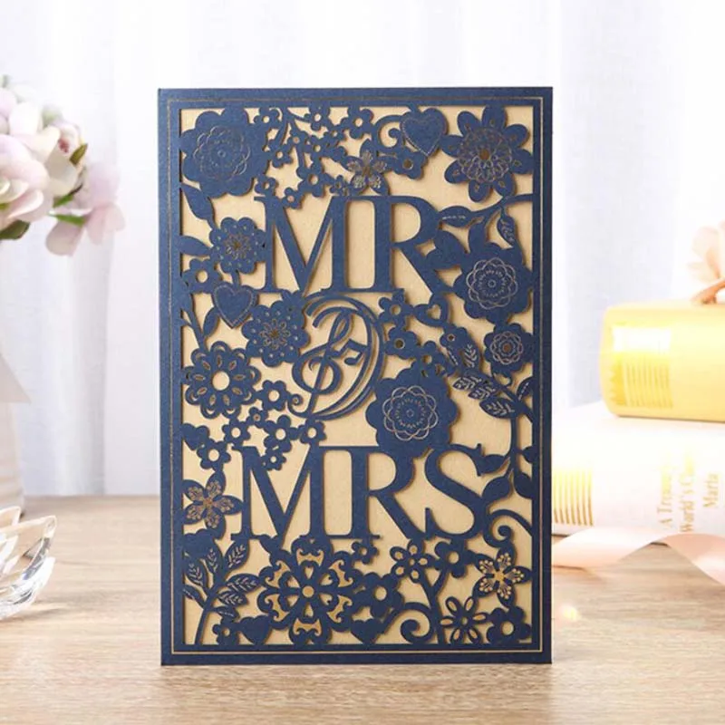 10 pieces/lot) Laser Cut MR&MRS Wedding Invitations With Gold Foil Flowers White Red Engagement Invitation Cards CX029 - Цвет: Navy blue