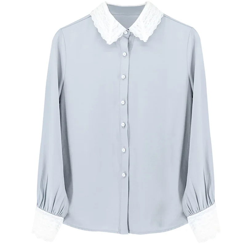 

2019 Spring fold lace stitching solid chiffon shirt female long sleeve casual fashion shirt girls blue tops shirts lady chemise