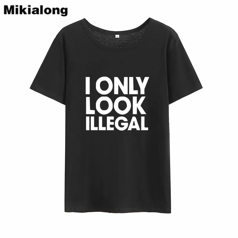 

Футболка Mikialong I Only Look нелегальная в стиле Харадзюку, женские черные и белые хлопковые летние топы, женская футболка с принтом 2018, Прямая пост...