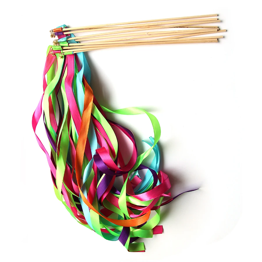 Magic Ribbon Stick Fairy Wand With Gold Bell Children 10pcs/lot Party Supplies Birthday Ornaments Twirling Wedding Streamers |