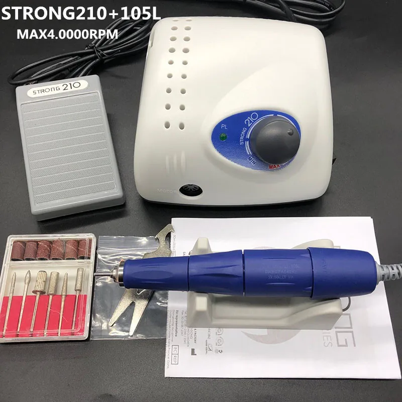 Authent Strong 210 65 Вт 40000 об/мин Электрический сверлильный станок для ногтей 105л 2,35 мм наконечник для педикюра пилочка для ногтей оборудование для дизайна ногтей