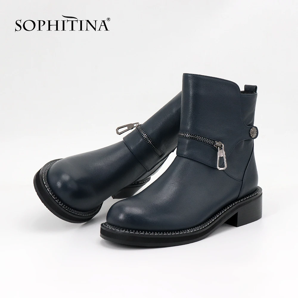 SOPHITINA/Ботинки женские на осень и зима. Темно синие ботильоны из коровьей кожи с