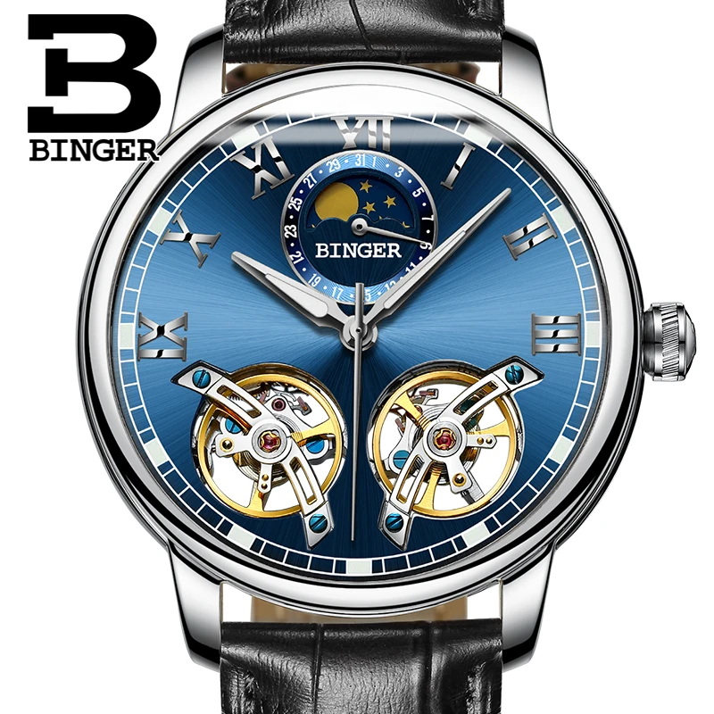 BINGER Mens Moon phases Tourbillon Automatic mechanical Watches Men Top Brand Luxury Dive 30M Business Leather watch Man 2017|watch brand men|watch