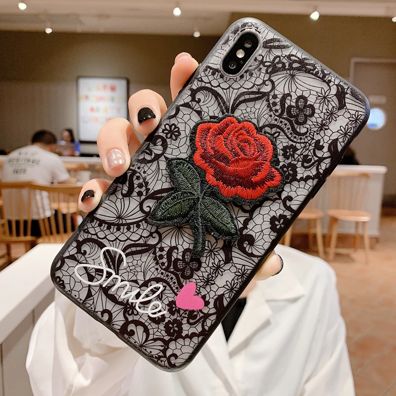 Модный чехол с длинным ремешком и кружевной вышивкой розы для iPhone XS MAX X 6s 7 8 XR Plus 6 5