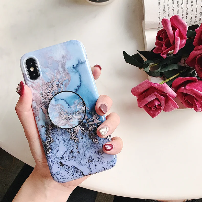 Smooth surface Phone Holder Case For iPhone XS MAX X XR 8 7 6 6S Marble Airbag Bracket Plus Silicone Soft Cover | Мобильные телефоны