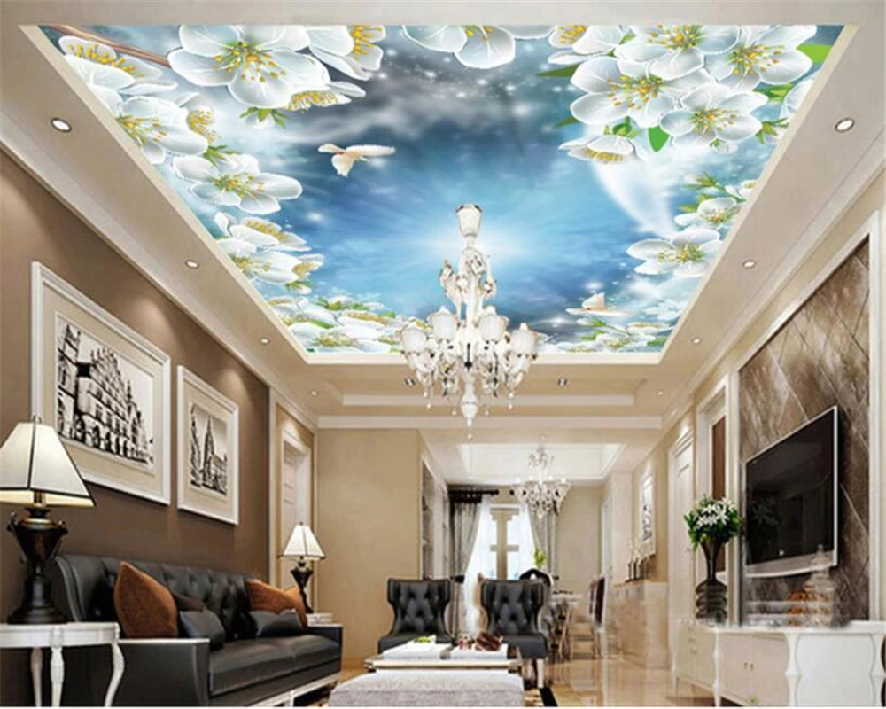

beibehang Custom high quality fashion beautiful sky white peach pigeon integrated zenith papel de parede 3d wallpaper tapety