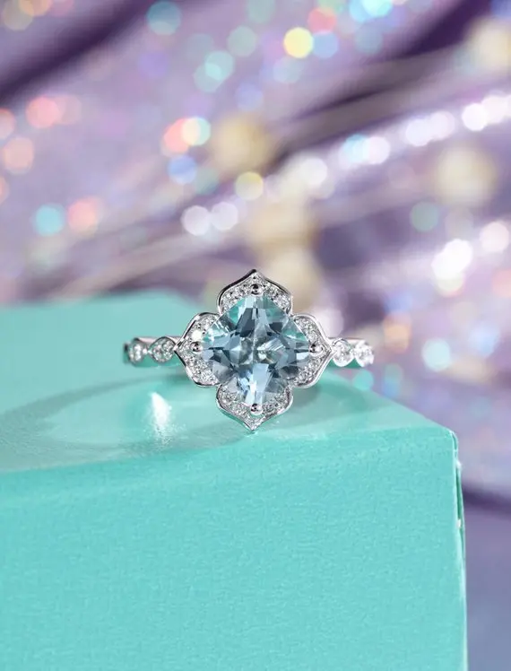 MYRAY Natural Genuine Aquamarine Gemstone Engagement Ring Diamond Wedding 14k White Gold Antique Flower Bridal Anniversary Women | Украшения