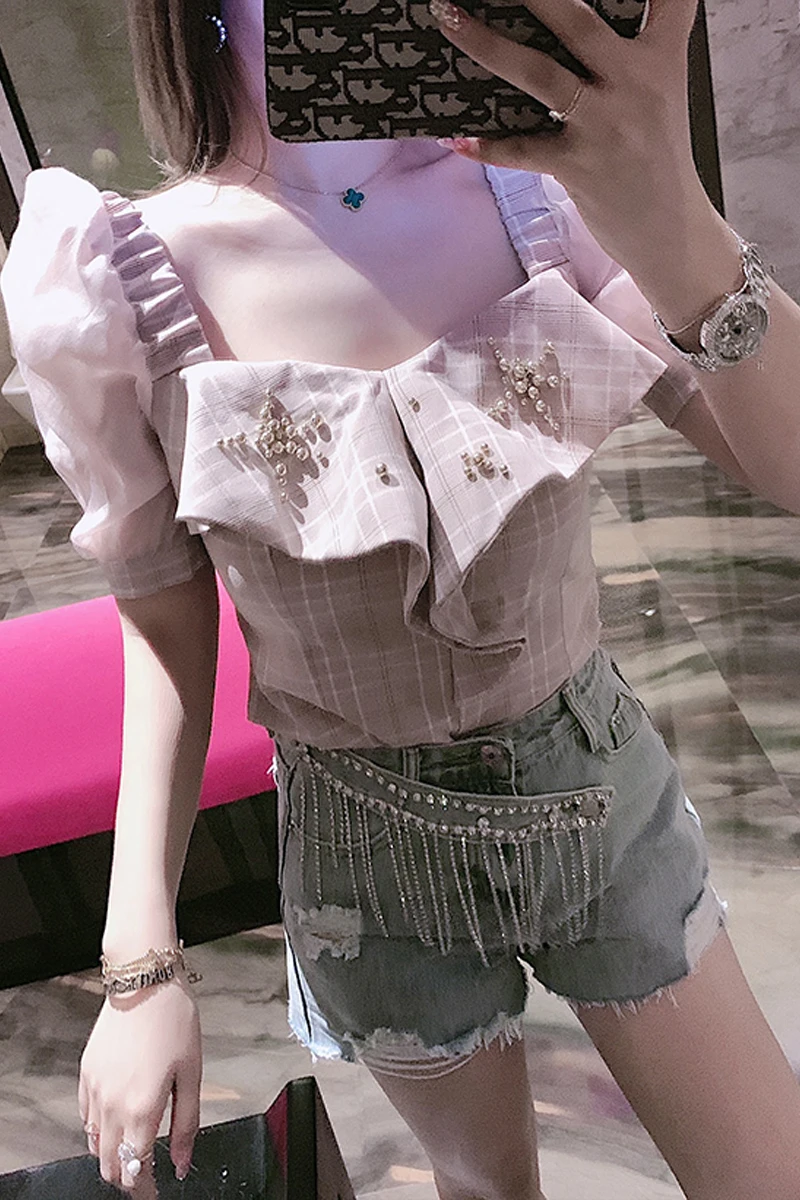 

Female Blouses New 2019 Summer Fashion Fairy Ruffles Puff Sleeve Plaid Women Tops Beading Square Collar Sweet Shirts Pink