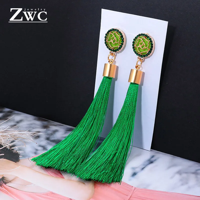 ZWC, Модный кристалл, Длинная кисточка, висячие серьги для женщин, женские богемные Этнические красные и черные Ювелирные серьги с бахромой оптом - Окраска металла: GreenA