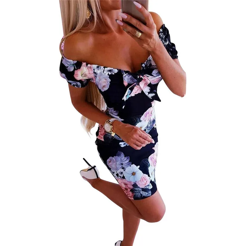 

Floral boho women sundress Fashion Short sleeve Strapless Bandage bodycon short mini vestidos Sexy Party Beach pencil outfit New