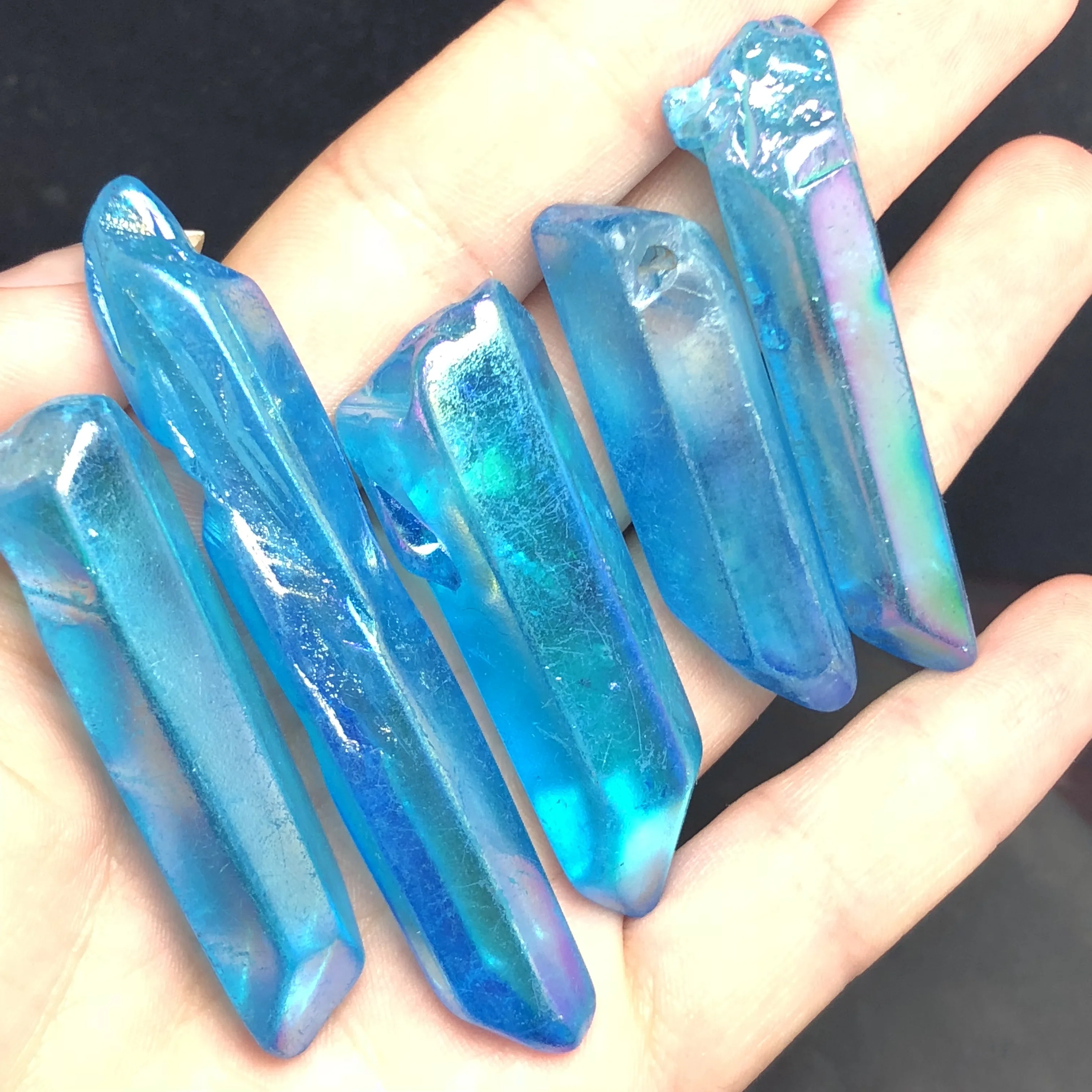 

Natural rare rainbow blue stone crystal column wand point reiki cure stones