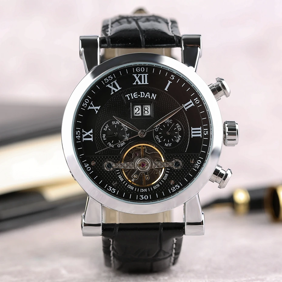 TIEDAN, мужские часы, роскошные, топ Tourbillon, механические часы, мужские, военные, бизнес, с автоматическим заводом, наручные часы из натуральной кожи